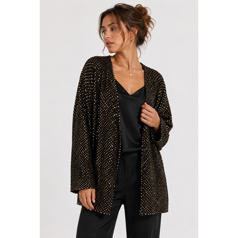 Black Gold Sequin Cardigan Women S Open Front Holiday NYE Glam Showgirl Express